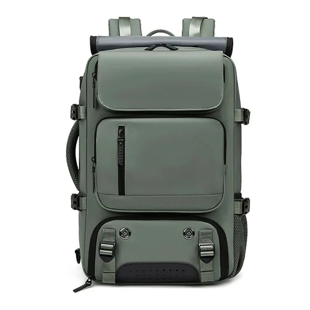 Organized waterproof travel backpack with shoe compartment, multiple pockets & USB charging for efficient packing.