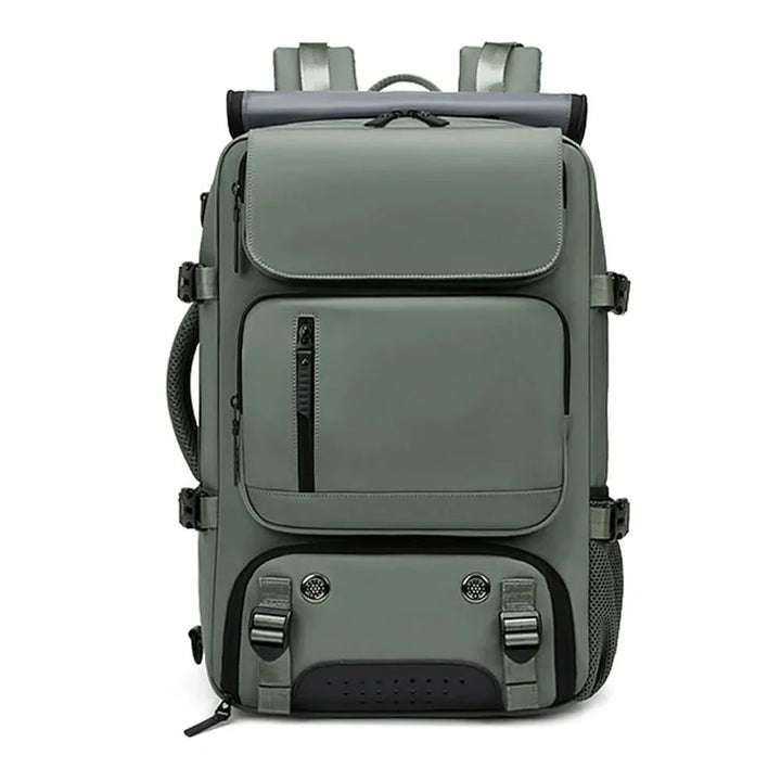 Organized waterproof travel backpack with shoe compartment, multiple pockets & USB charging for efficient packing.