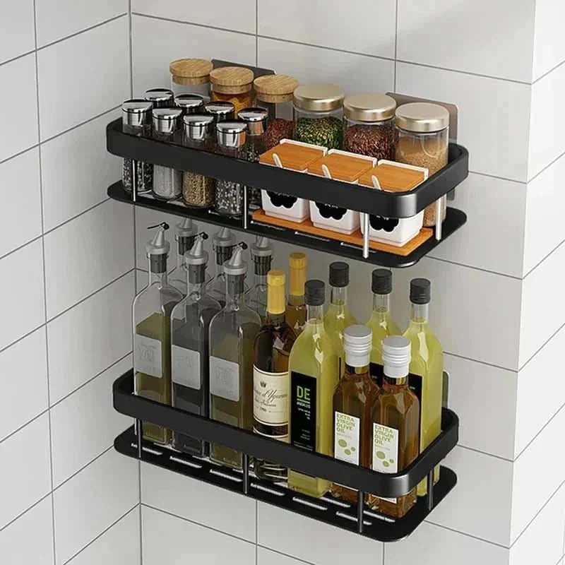 Convenient drill-free adhesive bathroom shelf. Easy-to-install shower caddy for organized living.