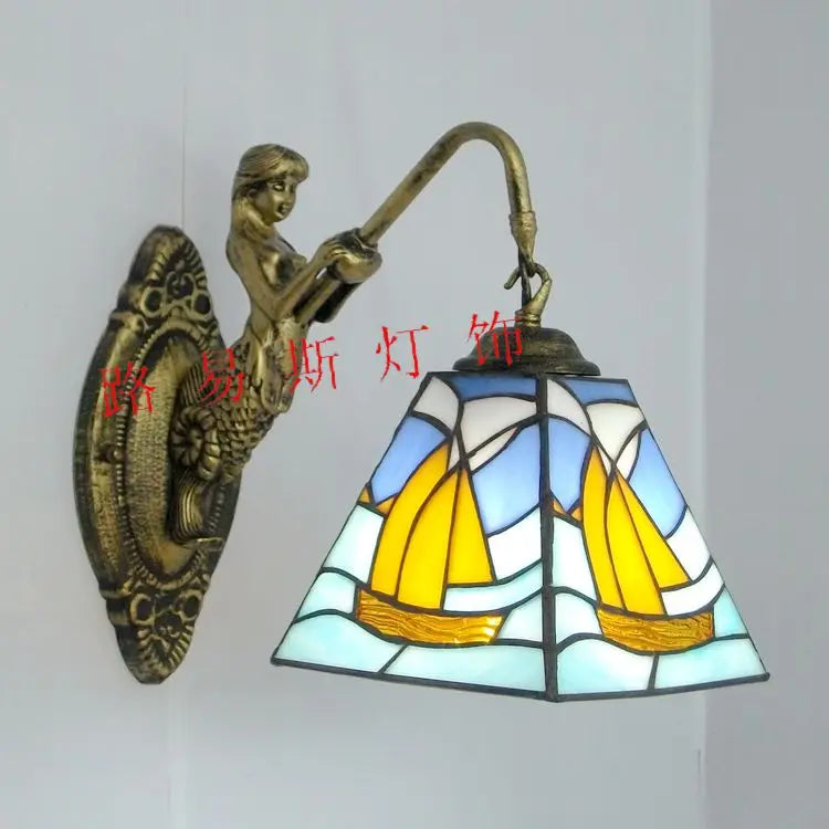 Mermaid-themed glass LED wall lamp, perfect living room accent & whimsical decor.