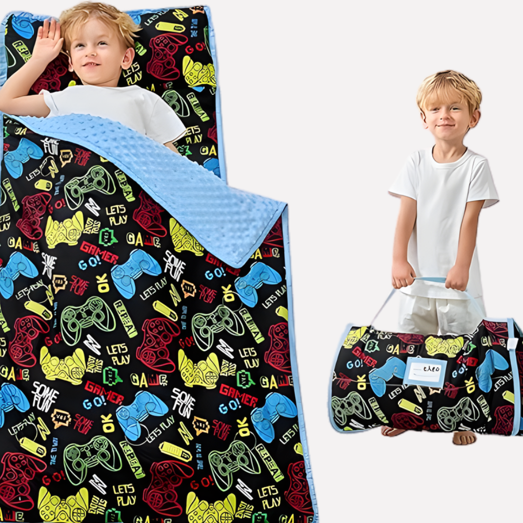 All-in-one toddler nap mat with built-in pillow & attached blanket for easy, cozy children's sleep.