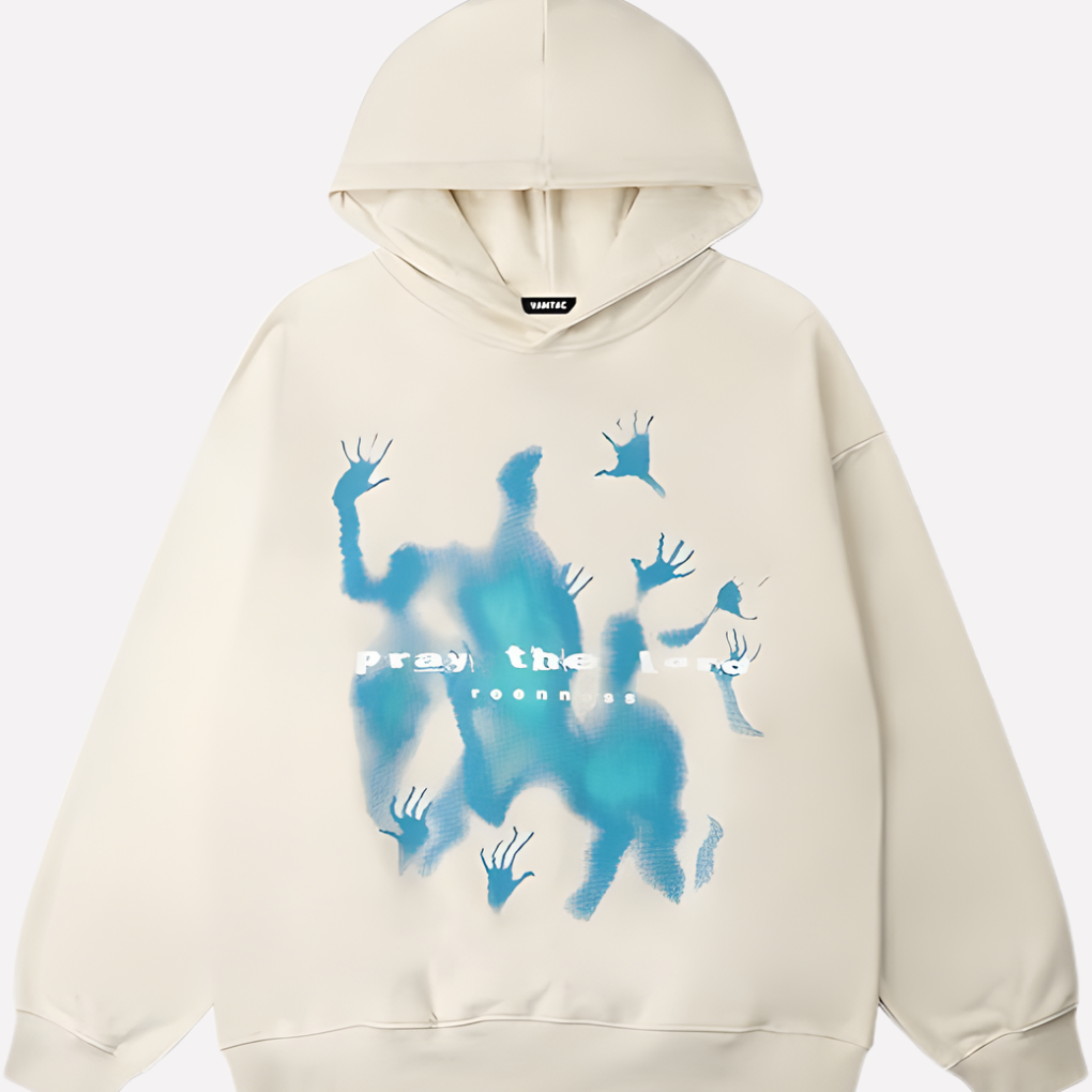 Beige oversized graphic hoodie, a unisex streetwear sweatshirt. Ideal for a vintage-inspired casual fashion pullover look.