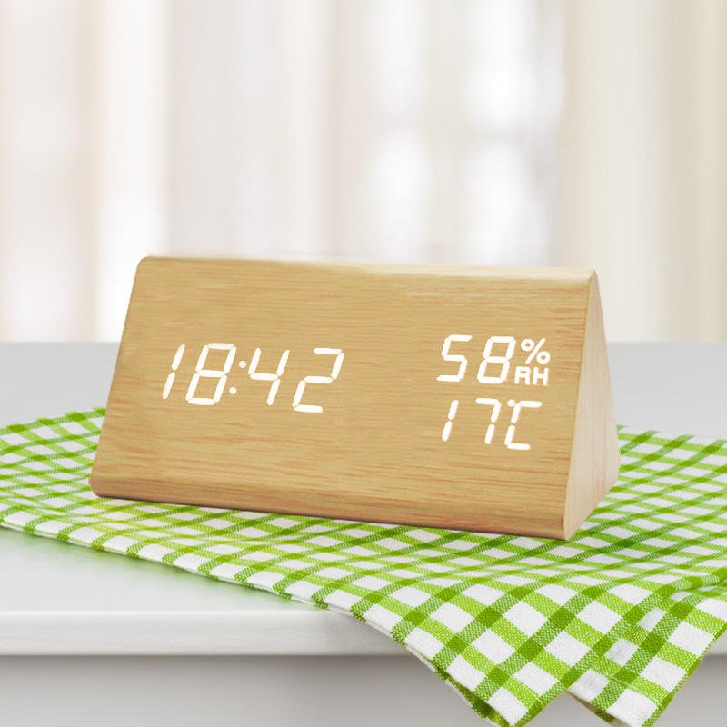 Sleek desktop digital clock, wooden finish, with bright LED time & temperature display, ideal for modern home decor.