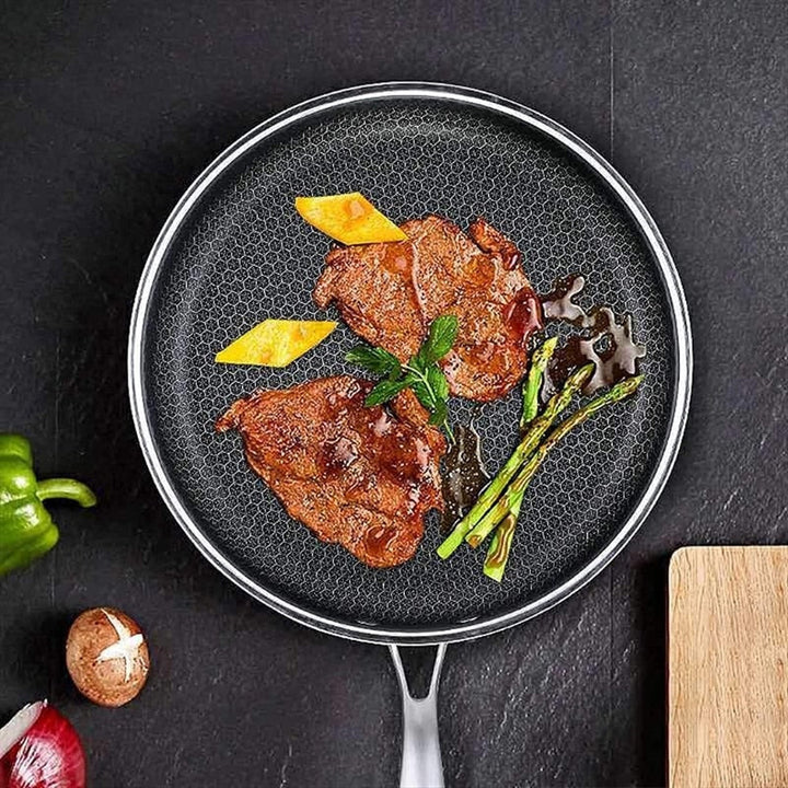Textured stainless steel skillet, perfect for searing and all kitchen cooking. Durable non-stick cookware.