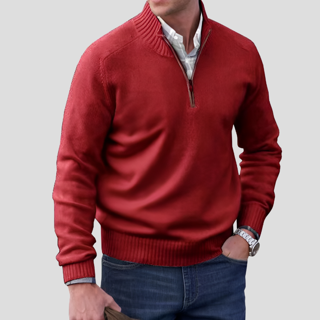 Men's casual long sleeve pullover featuring a modern zipper collar, a comfortable and stylish sweater.