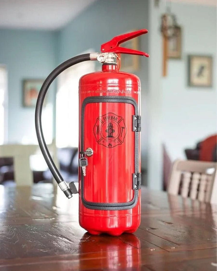 Discreet fire extinguisher mini bar for secret drink storage, ideal man cave or office decor. A fun novelty gift.