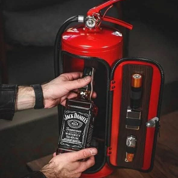 Unique fire extinguisher mini bar, a fun novelty gift with a secret compartment for drink storage. Perfect home decor.