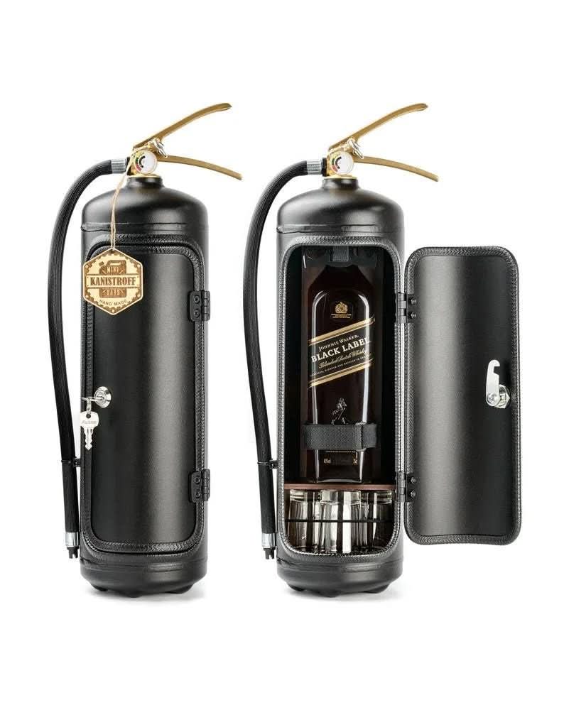 Fire extinguisher secret mini bar cabinet, cleverly storing bottles & barware. Great hidden drink storage & decor.