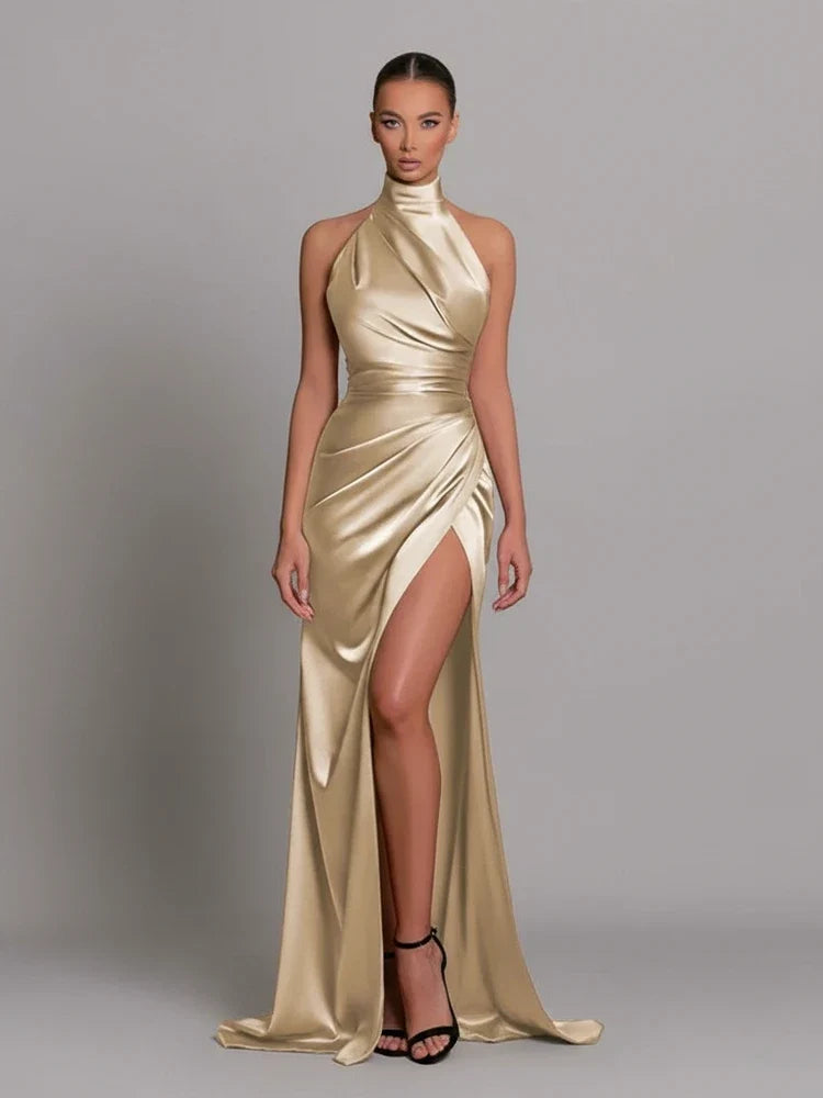 Elegant women's halter maxi dress, a stylish bodycon fit. Beautiful formal wear for sophisticated evenings.