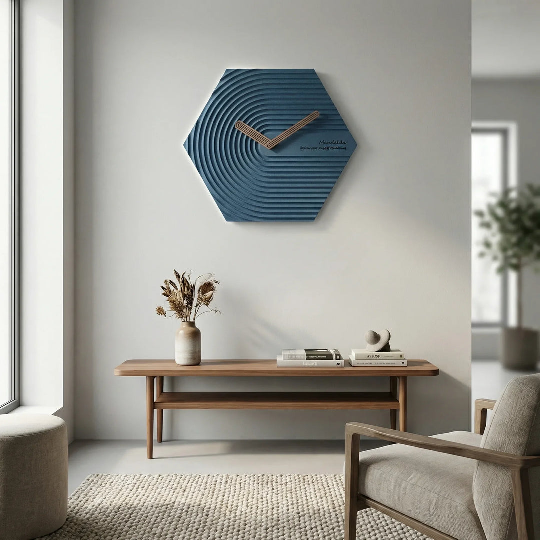 Modern hexagonal silent wall clock, perfect for contemporary living room decor or office.