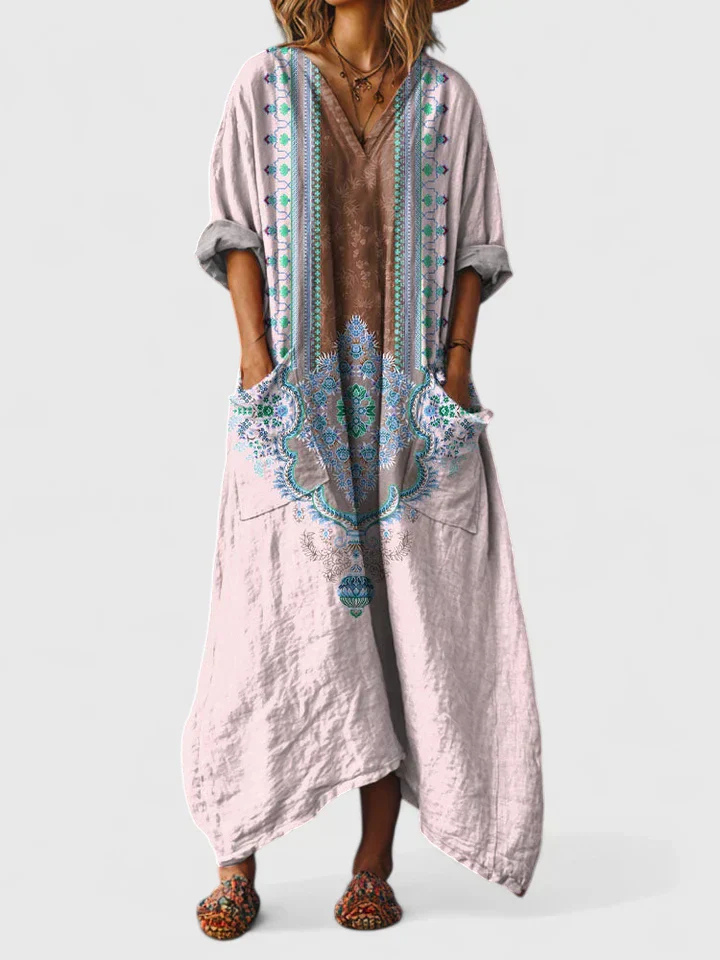 Vibrant printed oversized bohemian jumpsuit for women, featuring a comfortable wide leg and convenient pockets.