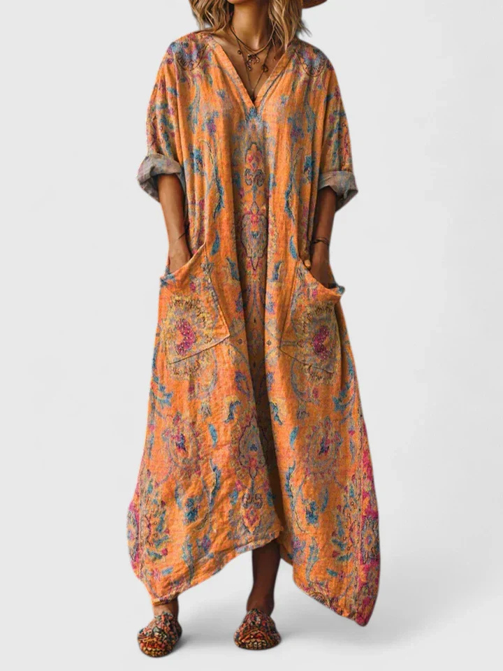 Women's bohemian printed oversized jumpsuit with wide legs & practical pockets, perfect for casual summer wear.