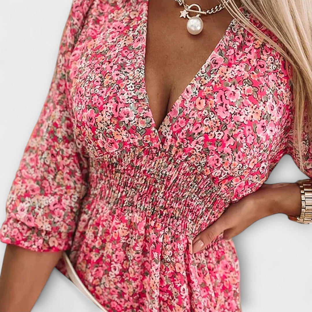 Chic women's floral puff sleeve A-line midi dress, great for garden parties, summer events & casual wear.