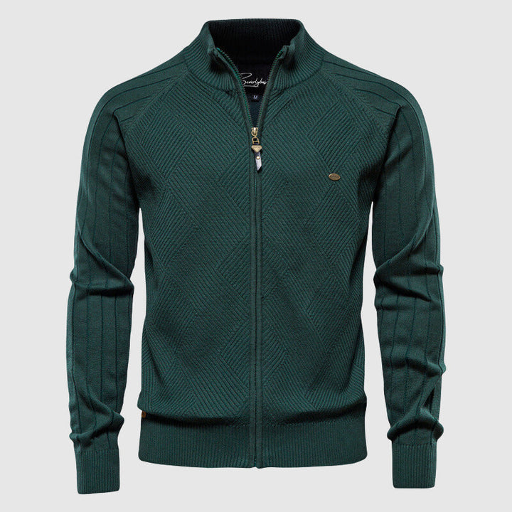 Stylish men's patchwork knit cardigan, a slim fit turtleneck zipper sweater perfect for all-season casual fashion.