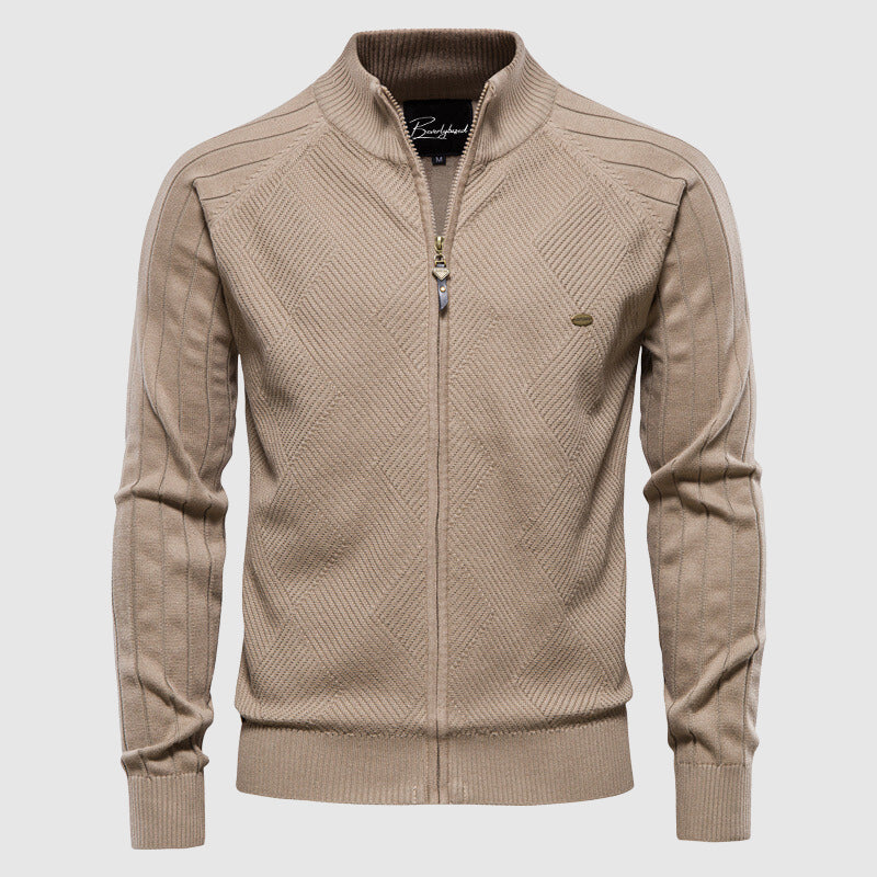 Men's slim fit turtleneck zipper cardigan with modern patchwork style. Stylish knit for casual wear.
