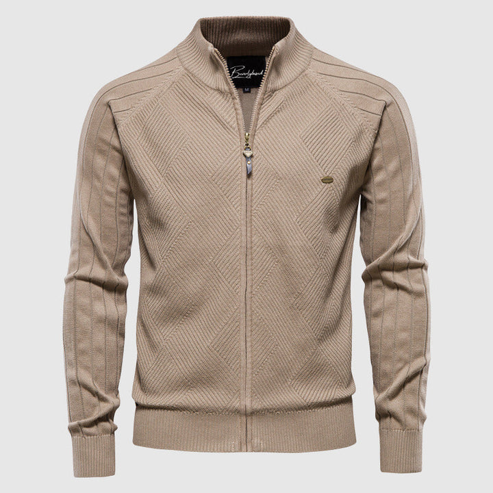 Men's slim fit turtleneck zipper cardigan with modern patchwork style. Stylish knit for casual wear.