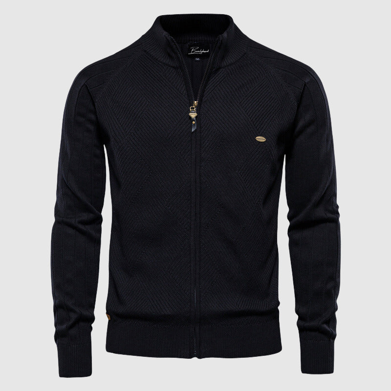 Slim fit men's turtleneck cardigan featuring a zipper closure and unique modern patchwork design. Menswear fashion.