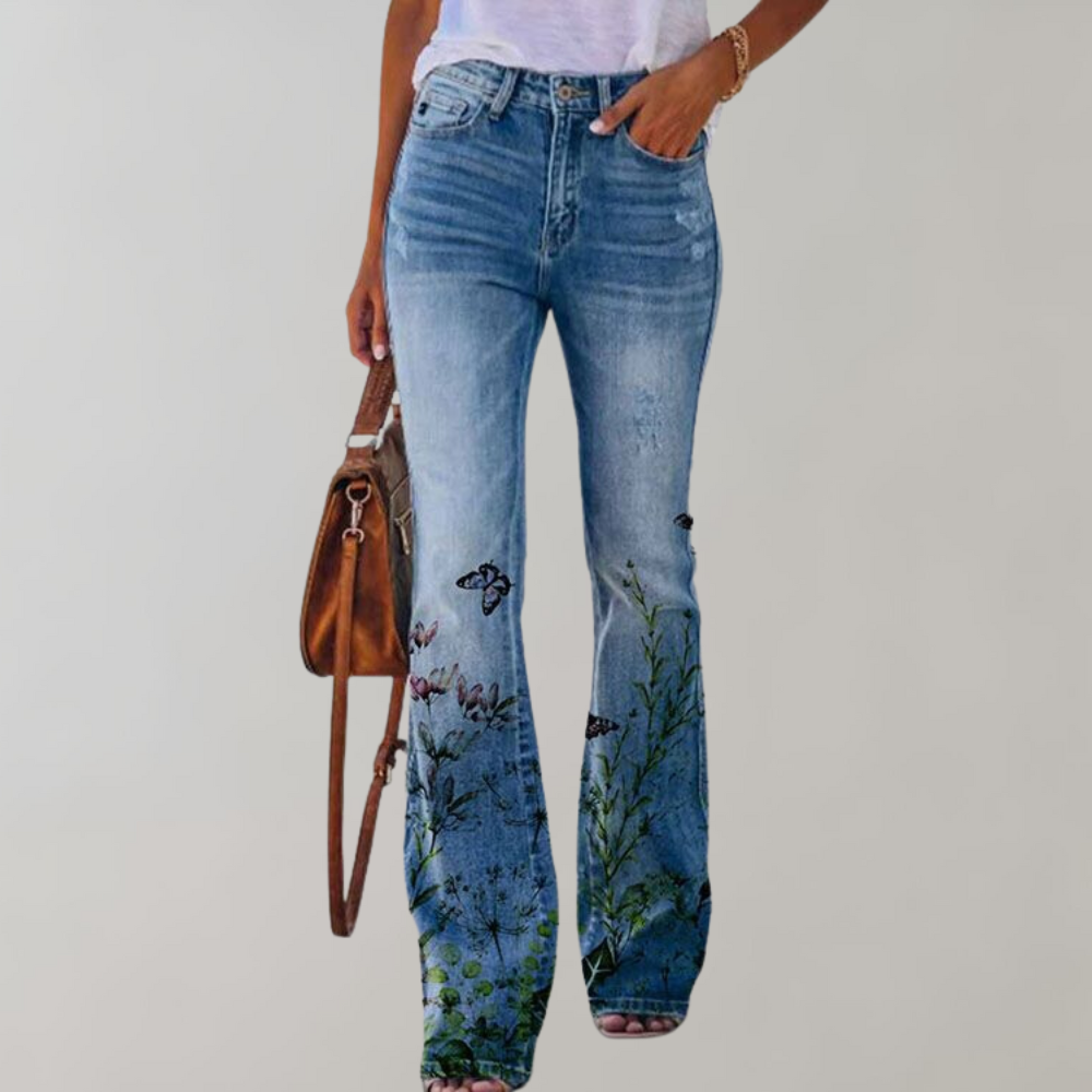 Comfortable women's retro-style high-rise flare trousers in a chic wide-leg design for fashion-forward looks.