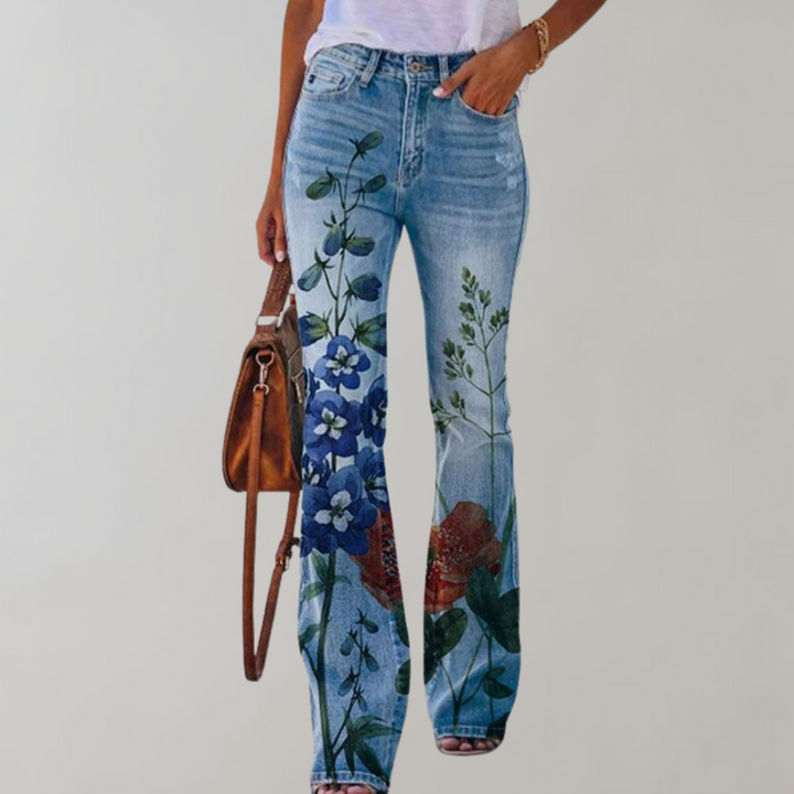 Stylish high-rise patterned flare pants for women, offering a comfy wide-leg fit and a trendy retro vibe.