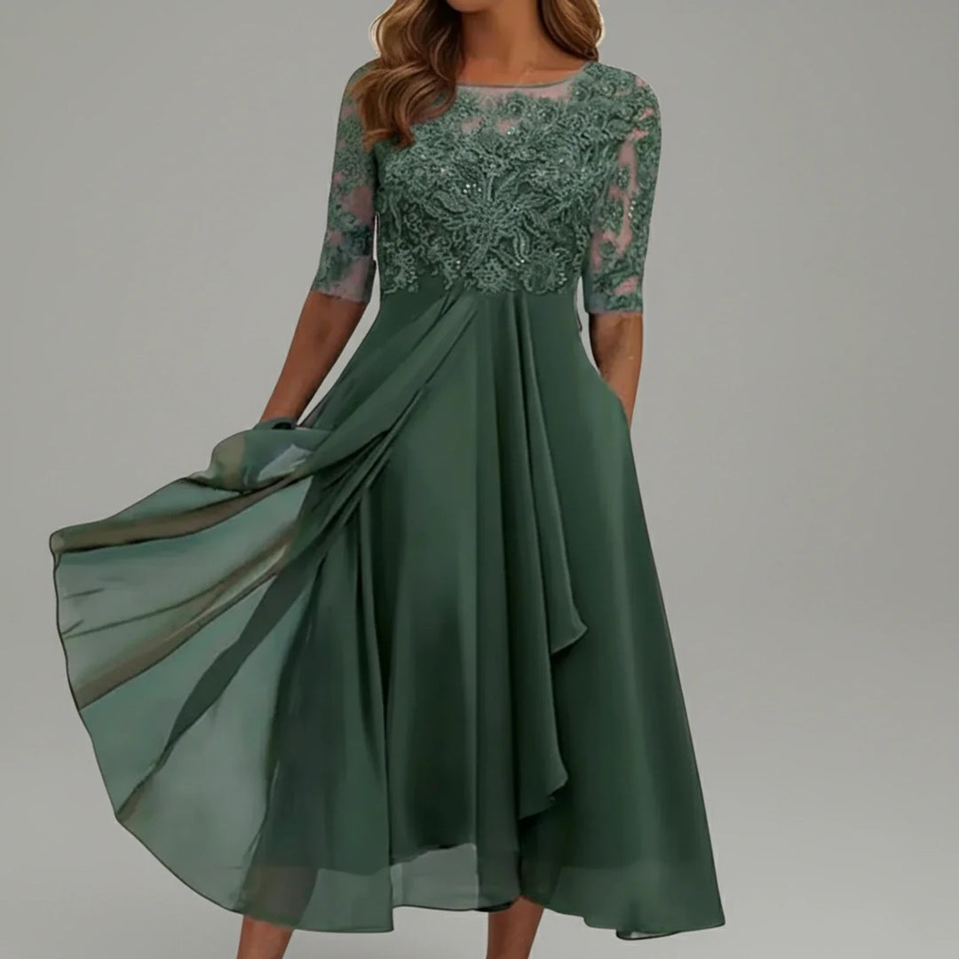 Versatile women's elegant lace A-line midi dress, empire waist, 3/4 sleeves, for cocktail and formal events.