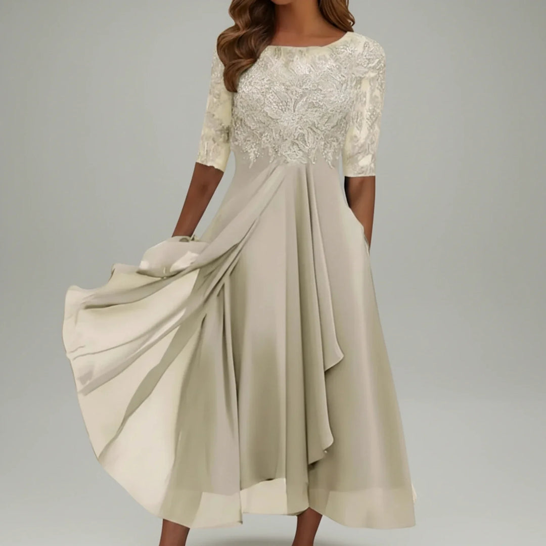 Stunning women's lace A-line midi dress, perfect for wedding guests, special occasions, or elegant parties.