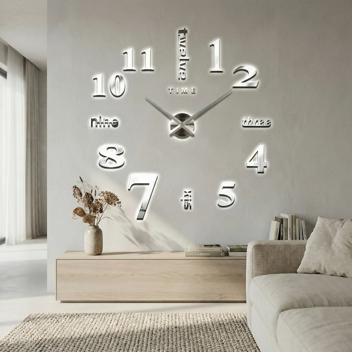 Large decorative mirror effect wall clock for modern living room decor. Silent quartz movement, reflective art piece.