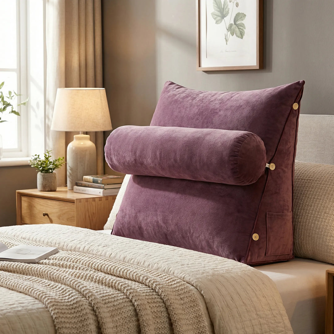 Large plush wedge backrest pillow for ultimate comfort & relaxation in bed, offering great support.