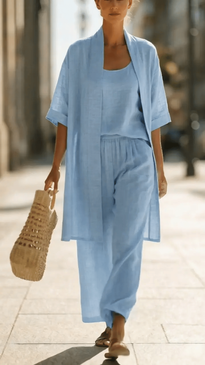 Breathable women's three-piece set, a lightweight and comfy coordinated outfit for casual wear.