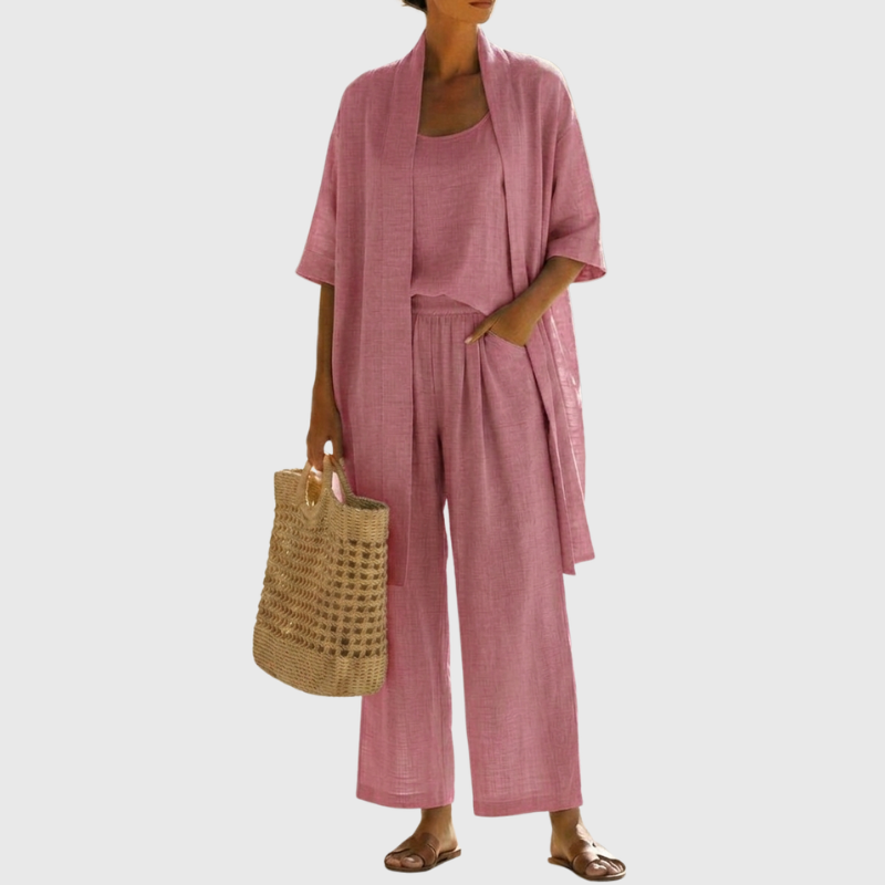Coordinated women's three-piece set: top, pants, and cardigan. Breathable, lightweight & comfortable.