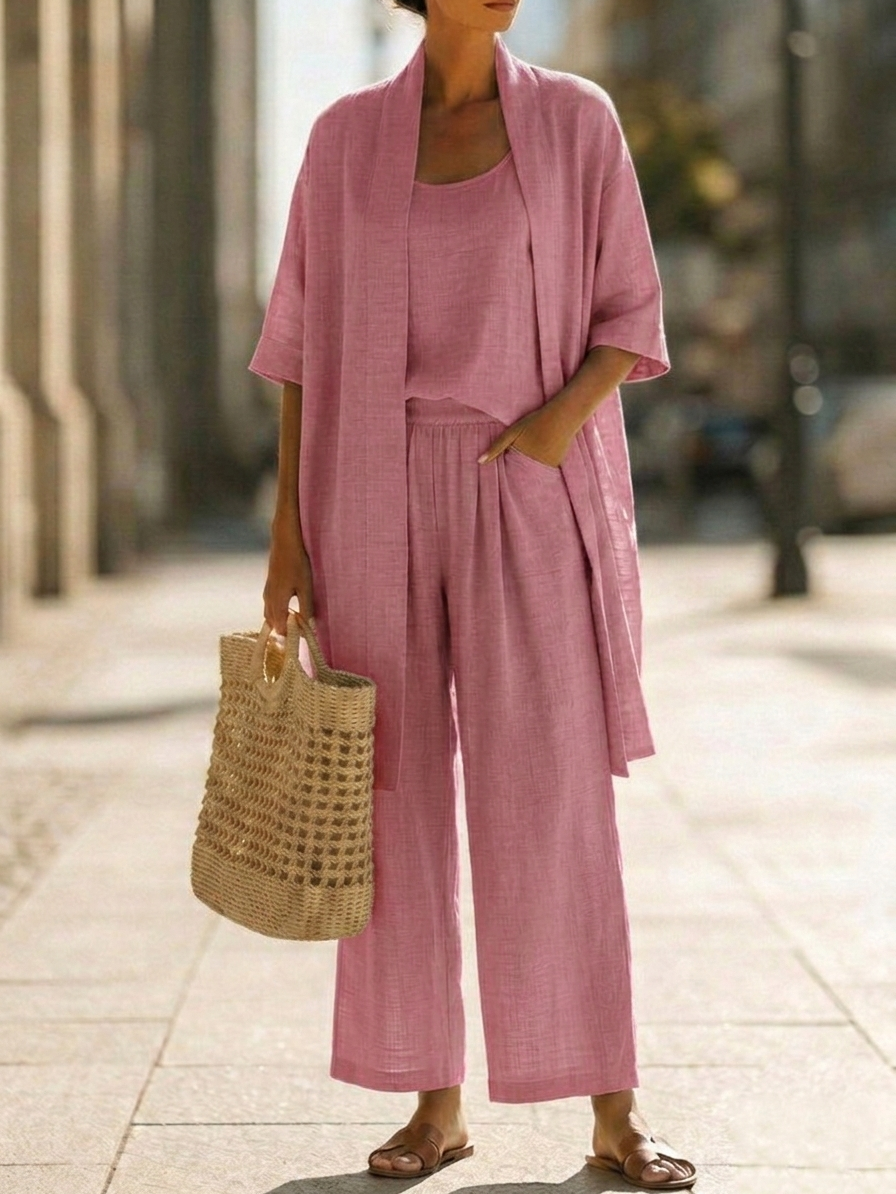 Elegant yet casual women's three-piece set, offering breathable comfort for summer lounging.