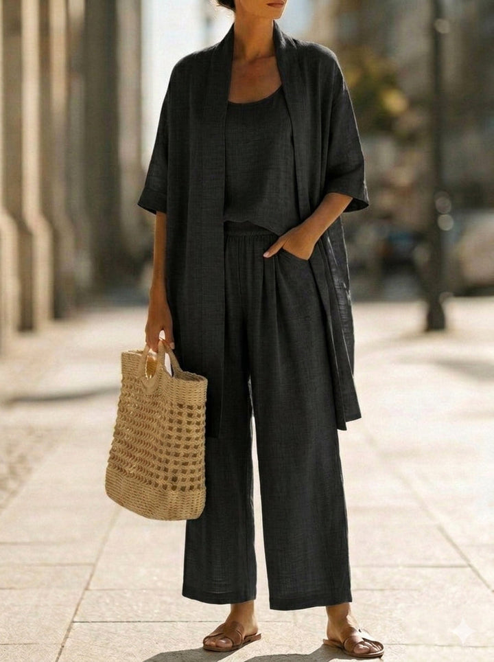 Women's relaxed fit three-piece set for vacation. Lightweight, breathable, and comfortable summer style.