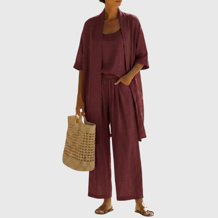 Women's coordinated three-piece comfort set. Breathable, lightweight, and perfect for everyday wear.