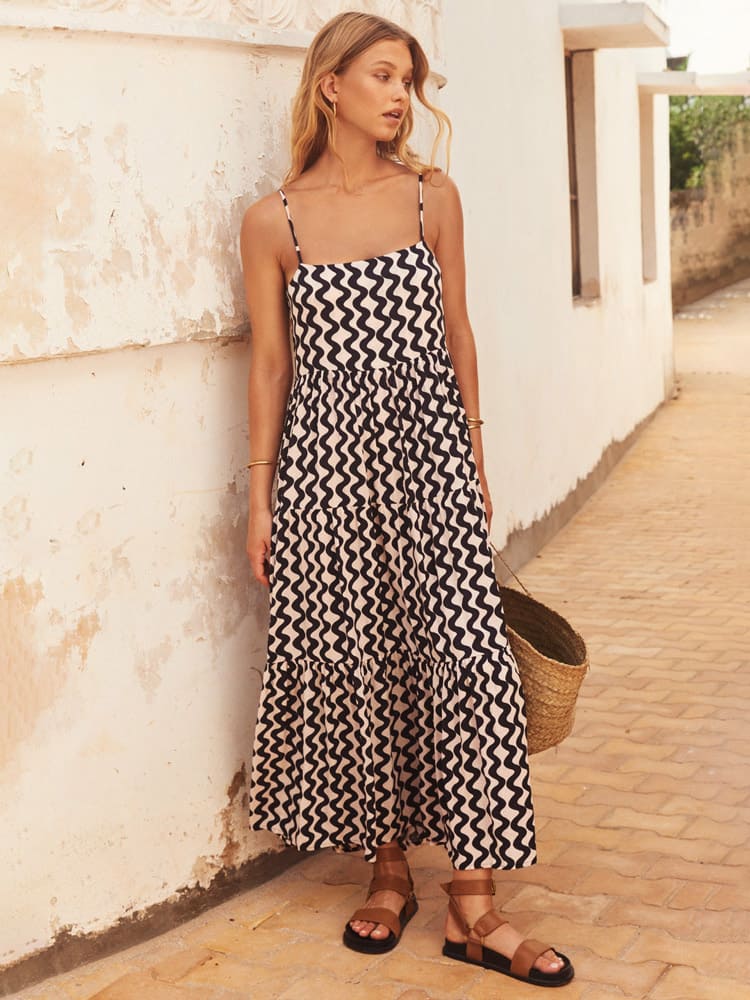 Bohemian chic black midi sundress; a comfortable, flowy square neck dress ideal for summer vacations & casual wear.