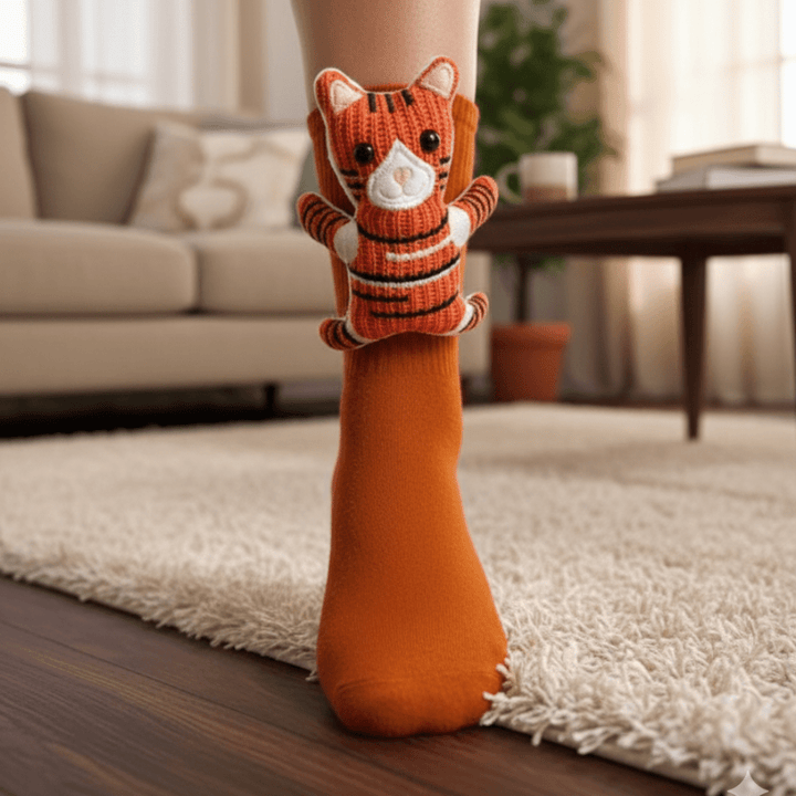 Fluffy animal house socks featuring a cute 3D design and non-slip grippers, perfect for cozy unisex comfort.