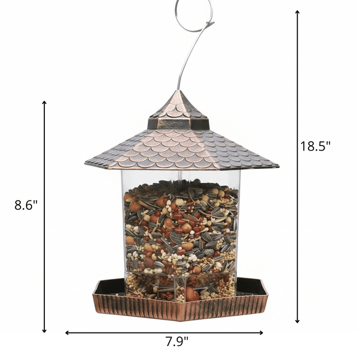 Copper finish hanging bird feeder for outdoor garden. Elegant design, perfect for attracting backyard wildlife.