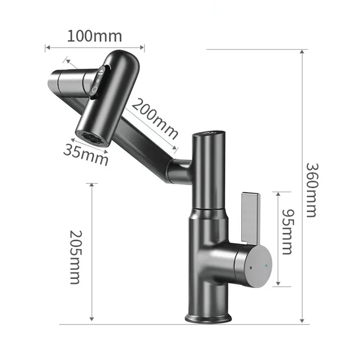 Contemporary 360° swivel smart faucet with LED temperature display, enhancing any kitchen or bathroom.