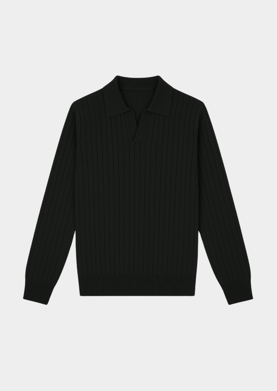 Versatile men's black ribbed knit polo sweater. Smart casual long sleeve top for modern style.