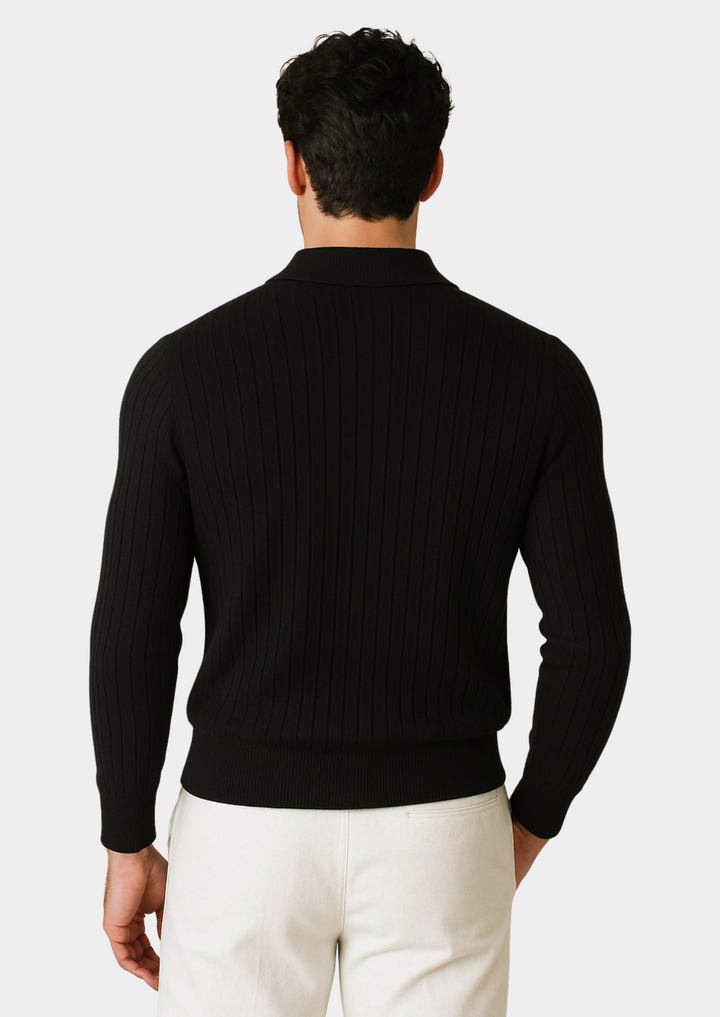 Black ribbed polo sweater for men. Smart casual knit top features open collar, perfect for versatile fashion.