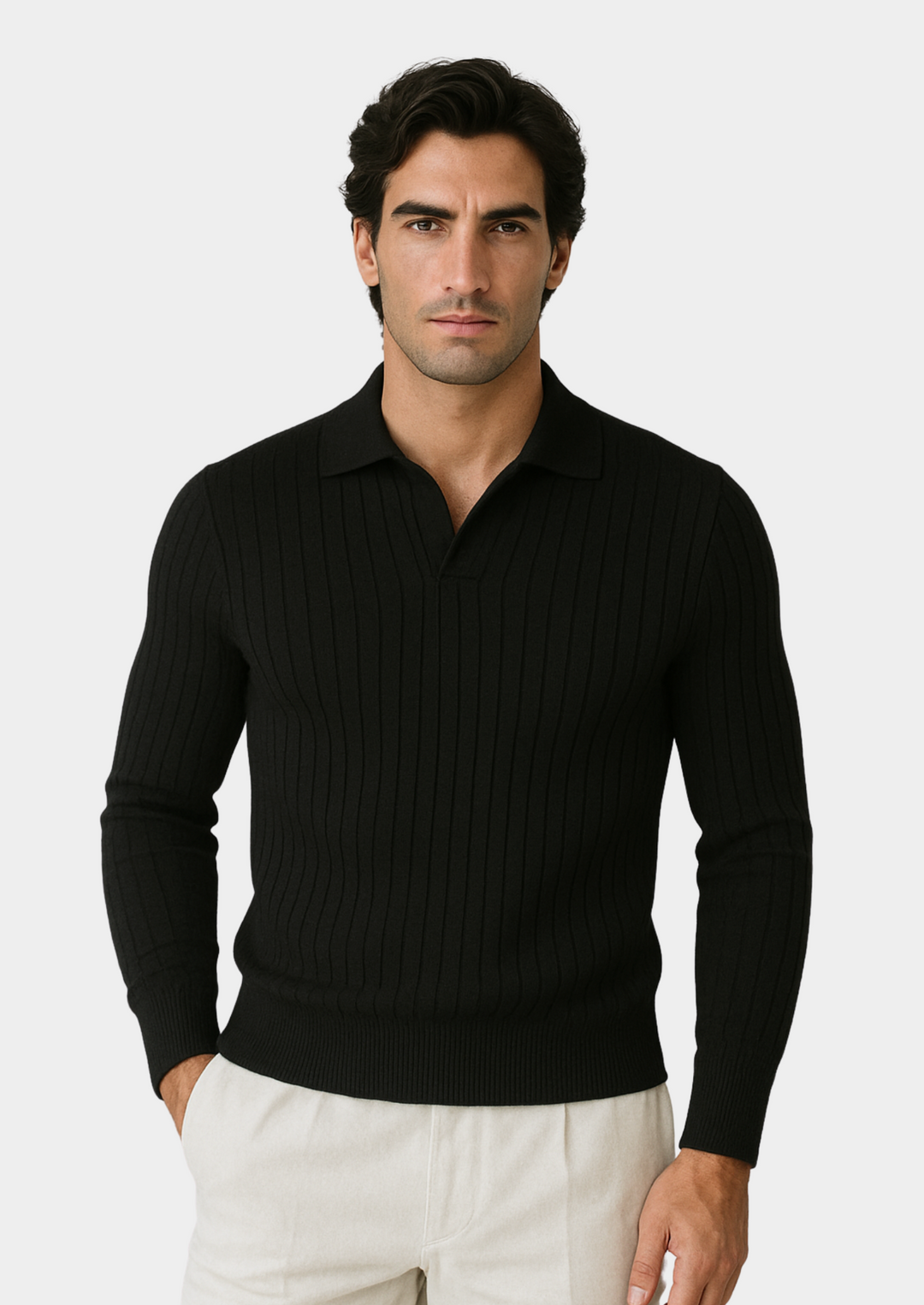 Men's black ribbed polo sweater. Long sleeve knit top with open collar. Smart casual modern style.