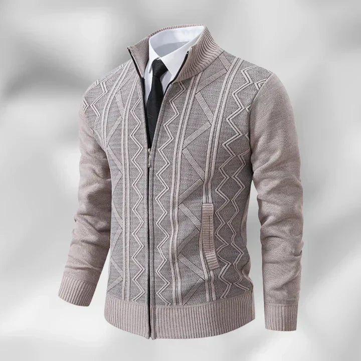 Versatile men's zip-up cardigan, ideal layering piece for smart casual or business wear. Stand collar design.