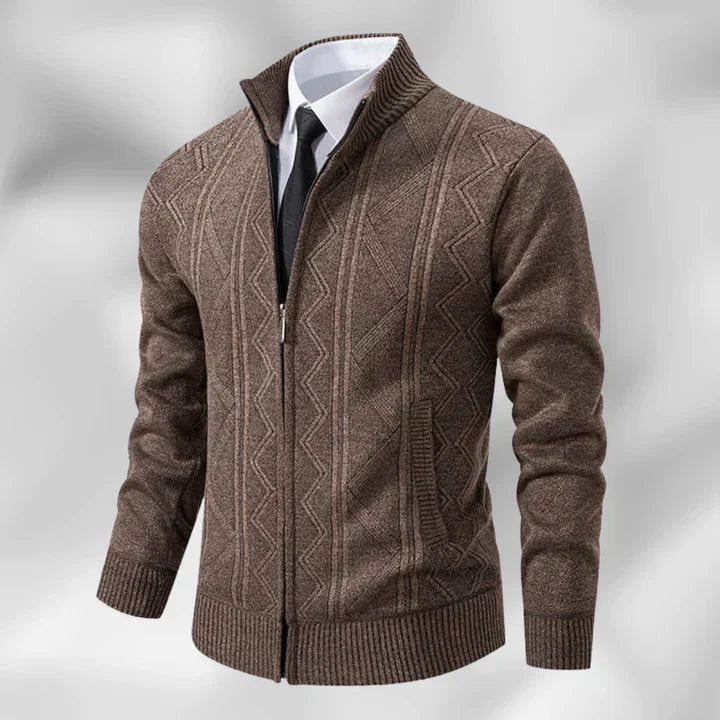 Classic men's stand collar zip cardigan. Essential men's fashion item for a smart casual or business look.