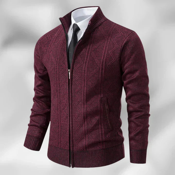 Comfortable men's zip-up cardigan with stand collar. A smart casual layering piece for autumn and winter wear.