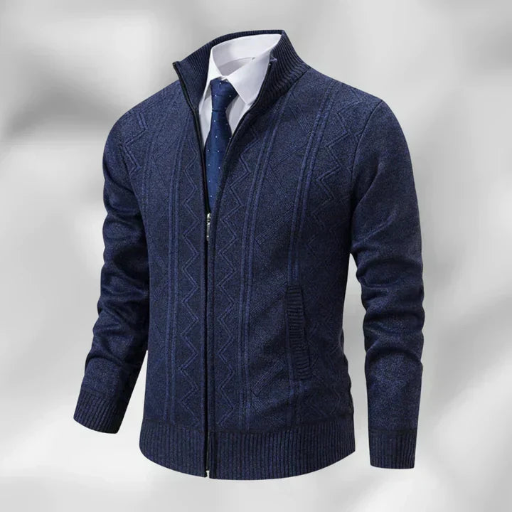 Men's smart casual zip-up cardigan with a stylish stand collar. Perfect for layering in autumn and winter fashion.