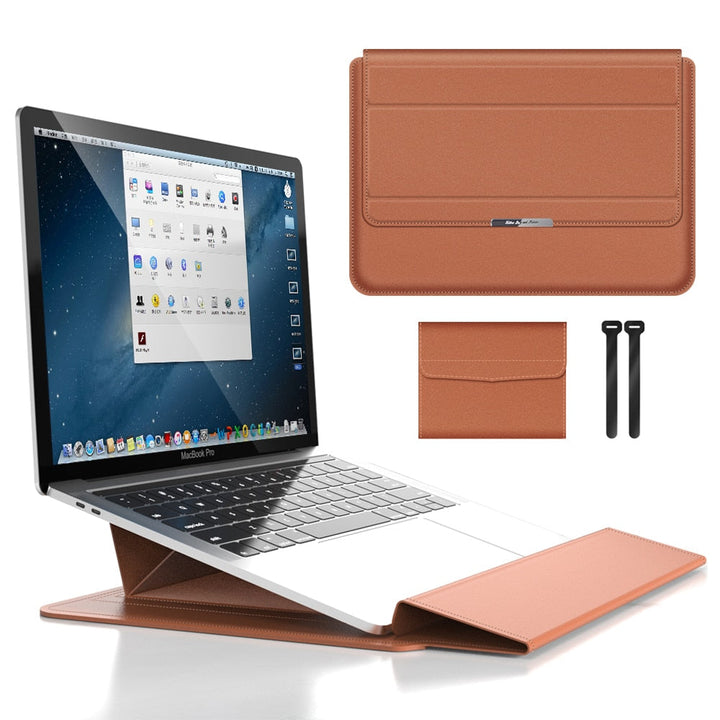 Smart 3-in-1 laptop sleeve, a multi-functional computer bag with stand & organizer for device protection & portability.