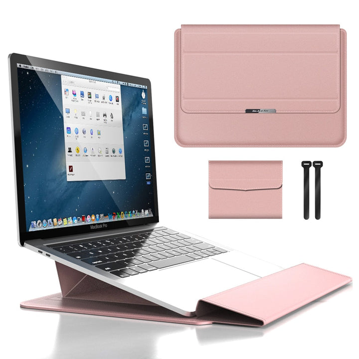 Versatile laptop case with integrated stand & tech organizer, securing your laptop & accessories for on-the-go professionals.