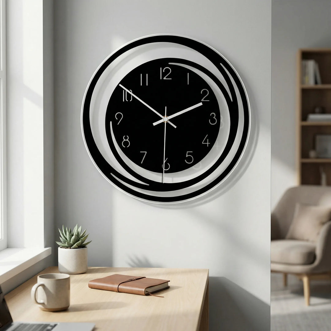 Modern silent round wall clock, perfect minimalist home or office decor for living room or bedroom.