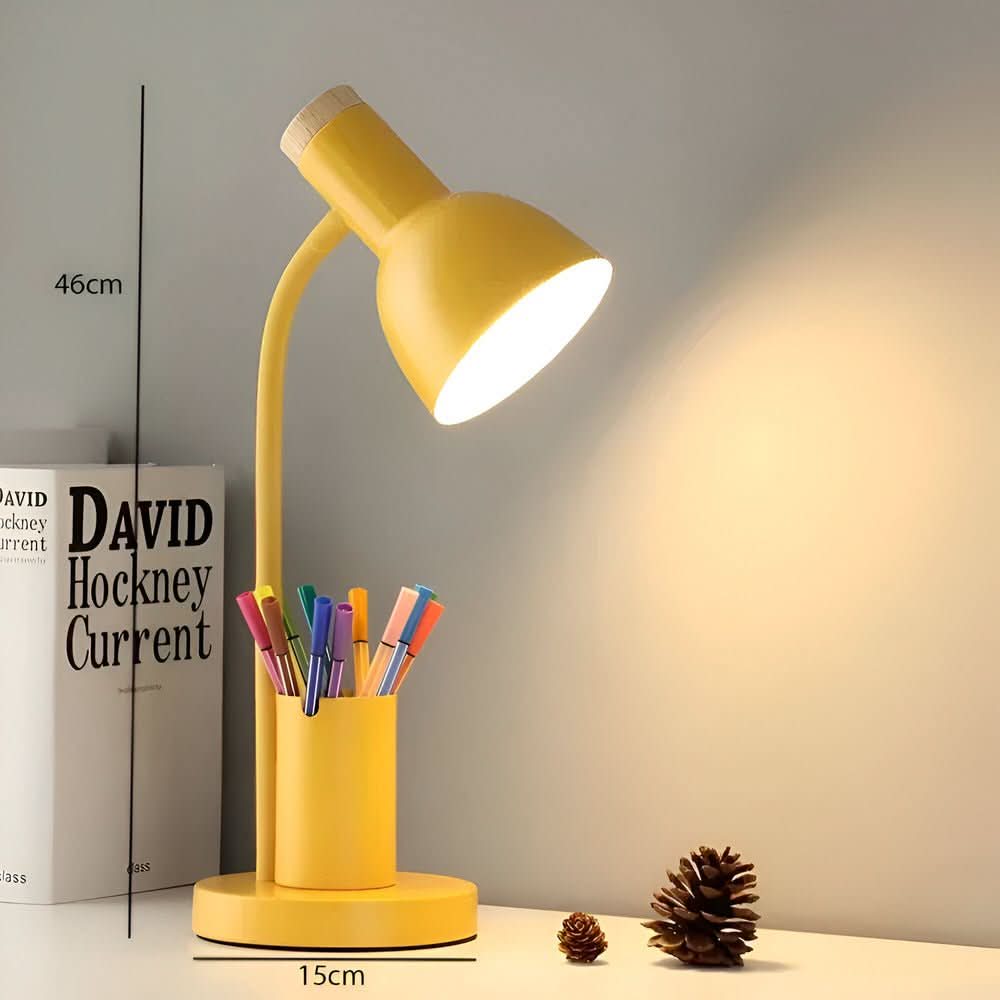 Functional LED desk lamp featuring a convenient pen holder. Perfect modern office lighting for organization.