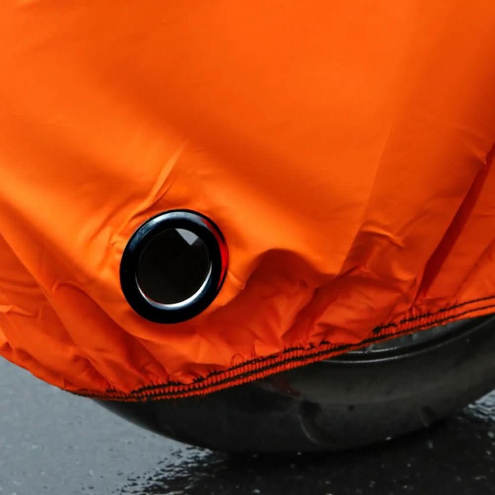 Secure fit universal motorcycle cover with elastic hems & reinforced stitching for long-lasting weather defense.