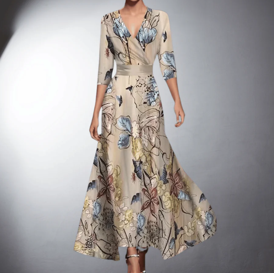Elegant women's floral print maxi dress with a flowing skirt, perfect for summer parties or garden events.