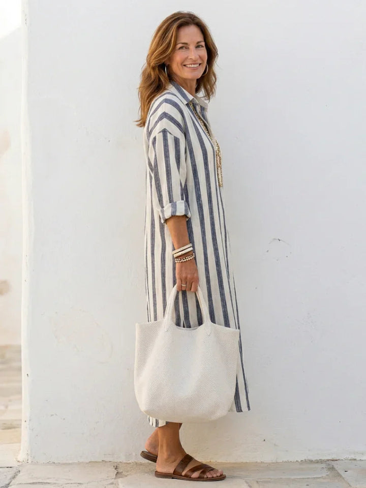 Long-sleeve striped midi shirt dress for women featuring a button-front and relaxed, comfortable fit.